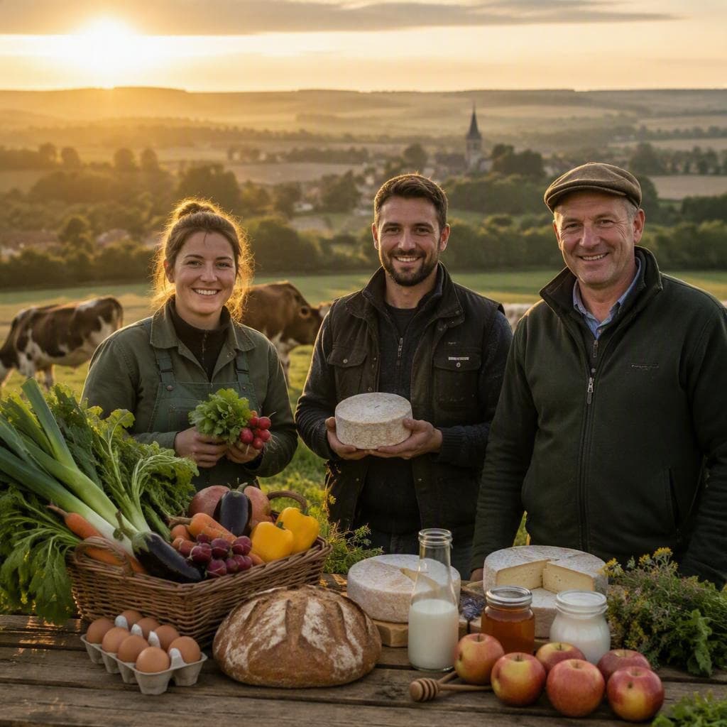 Panier de légumes frais et produits fermiers dans la campagne briarde